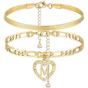Letter M Gold Ankle Bracelets for Women, 14k Gold Plated Layered Snake